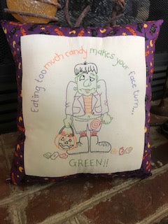 'Eating Too Much Candy Frankenstein' Hand Stitched Pillow